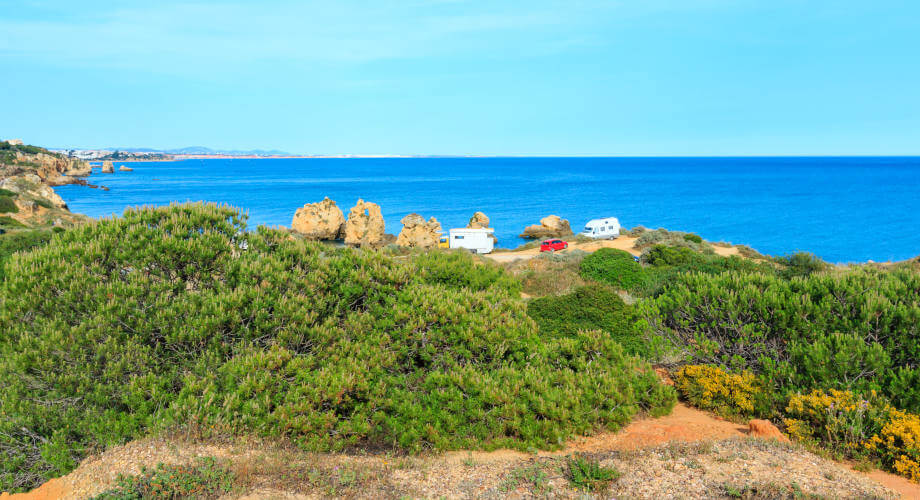 Atlantic rocky coast view Albufeira, Algarve, Portugal